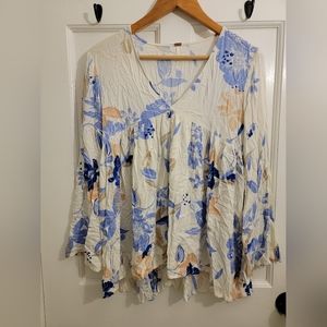 Free People floral boho white blue baby doll blouse S/M shirt top long sleevs